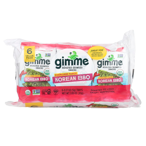 gimMe, Снеки из жареных морских водорослей, корейское барбекю, 6 пакетиков по 5 г (0,17 унции)