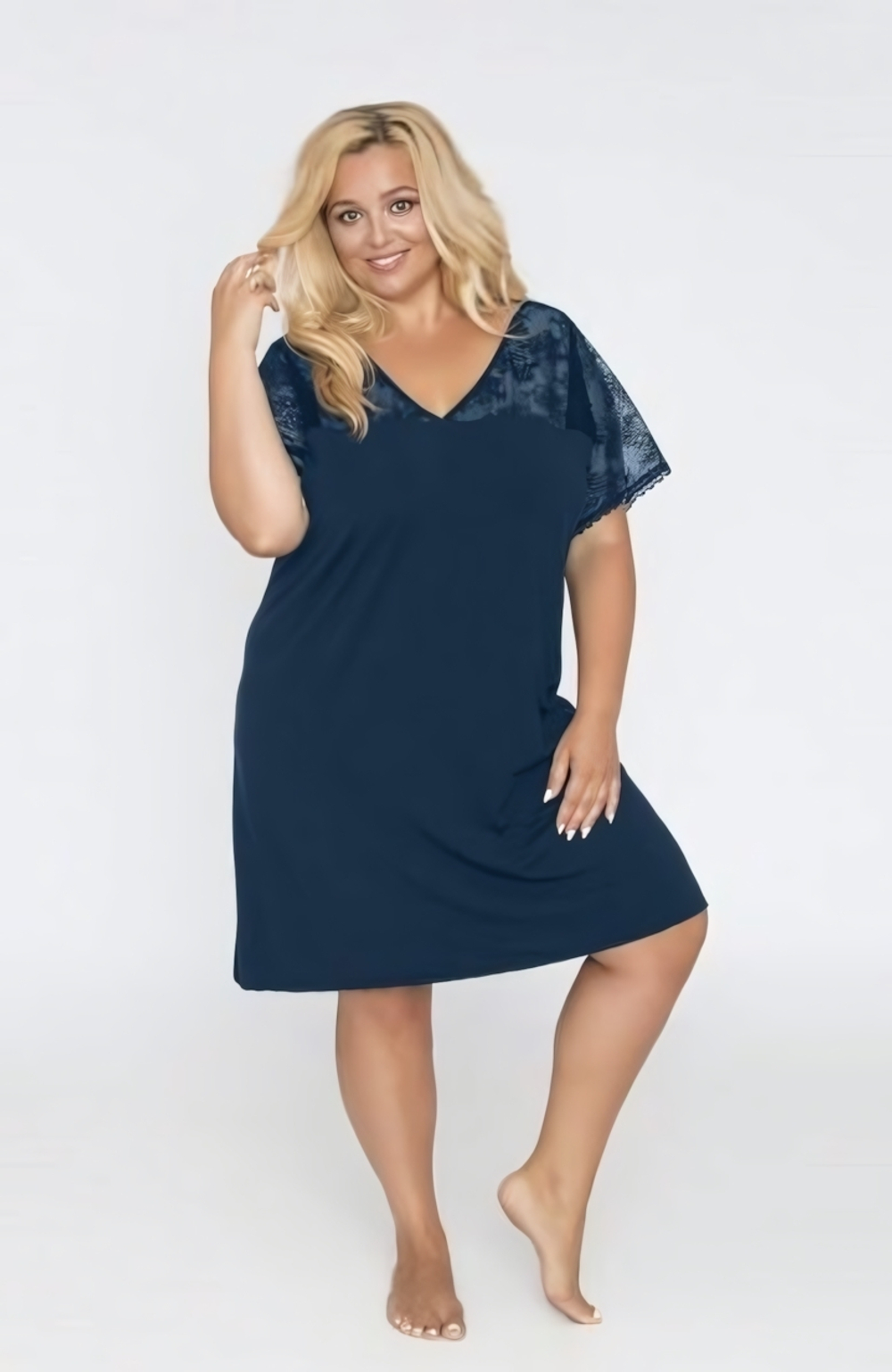 Сорочка с V-образным вырезом и кружевами (Размер: XXXL) (Цвет: темно-синий)