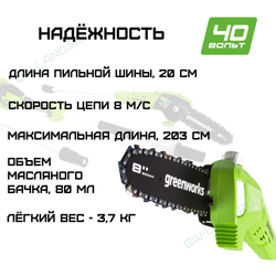 Высоторез/Сучкорез аккумуляторный Greenworks Арт. 1401107, 40V, 20 см