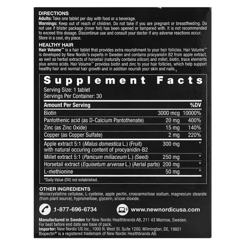 New Nordic, Hair Volume, средство для роста и объема волос, с экстрактом биопектина яблока, 90 таблеток