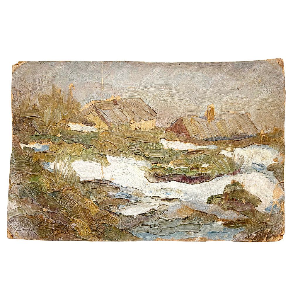 Динес Ю. С. Лодки на Волге. Саратов. Этюд. Картон, масло. 1943 г.