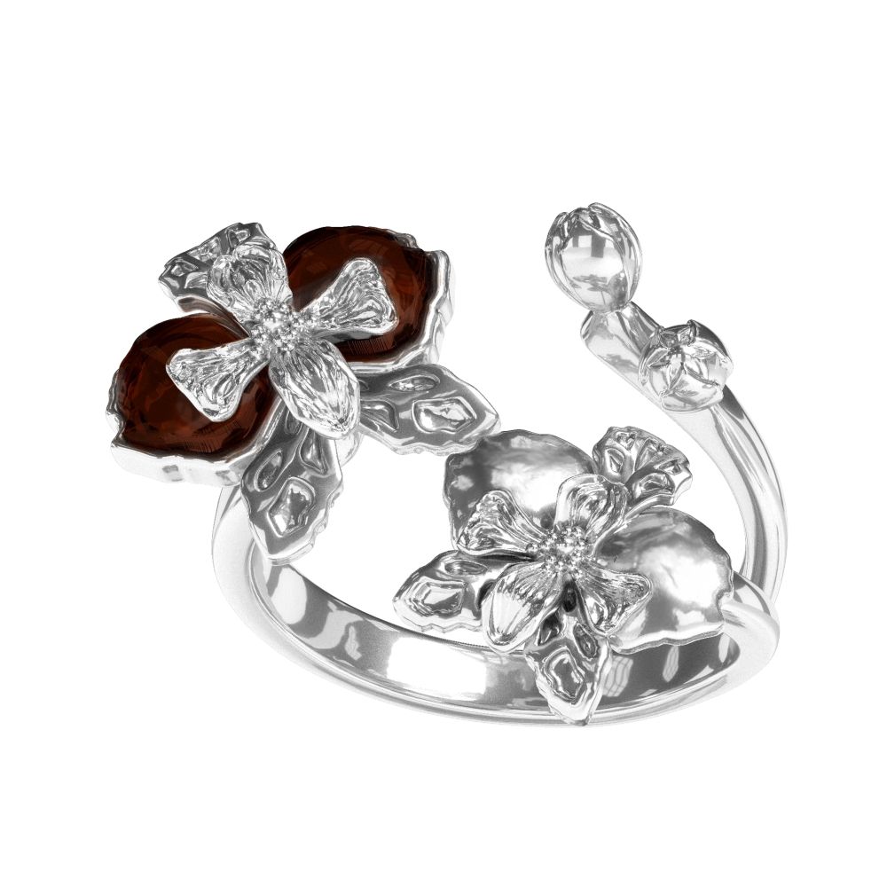 Кольцо Орхидея двойное с вишневым янтарем