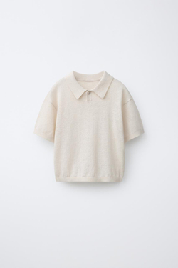 ZARA ТРИКОТАЖНОЕ ПОЛО ИЗ ХЛОПКА И ЛЬНА, ЭКРЮ