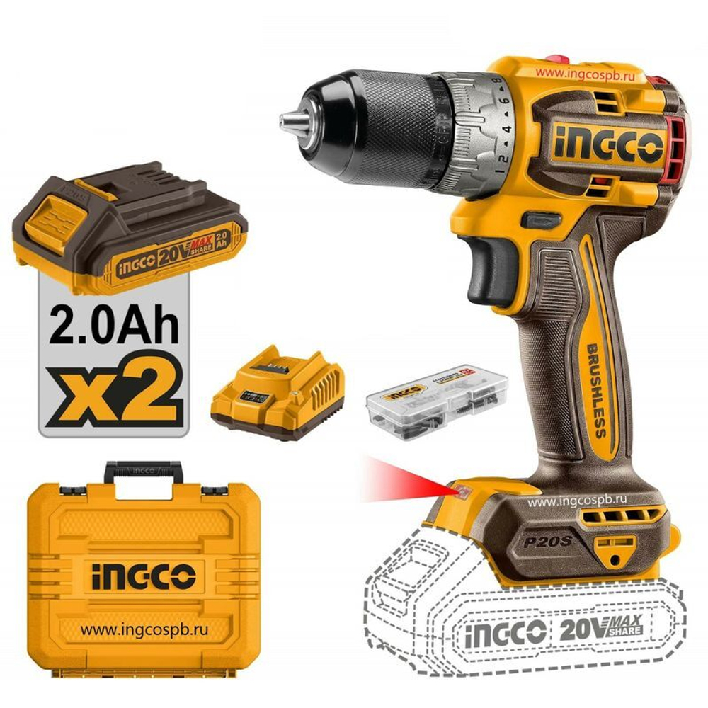 Шуруповерт бесщеточный Ingco CDLI20602 20В 2х2 Ач