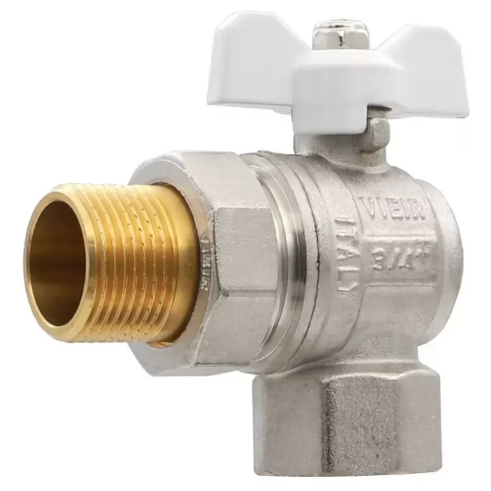 Кран VIEIR шаровый угловой с разьемным соединением (американка) 3/4" НВ, бел. Бабочка (64/6) VER48B