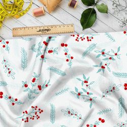 Ткань лен прозрачные веточки с клюквой