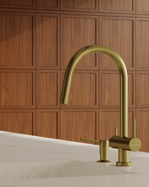 Смеситель для кухни Abelsberg Aera EMF71709BG c вытяжным изливом и возможностью подключения фильтра для воды, цвет королевское золото, PVD покрытие