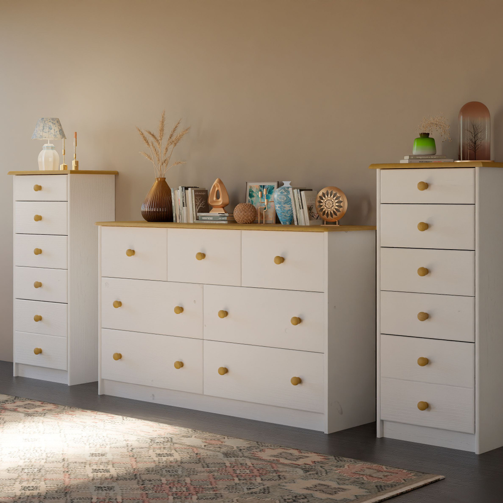 Dipriz Комод белый Хаба из сосны, 6 ящиков, высокий деревянный комод в спальню и детскую, белый/антик