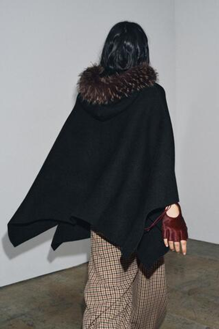 ZARA ТРИКОТАЖНАЯ НАКИДКА С МЕХОМ, ЧЕРНЫЙ