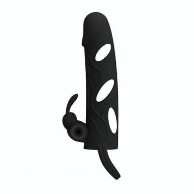 Чёрная насадка с клиторальным вибростимулятором и закрытой головкой - 14 см. (Цвет: черный)