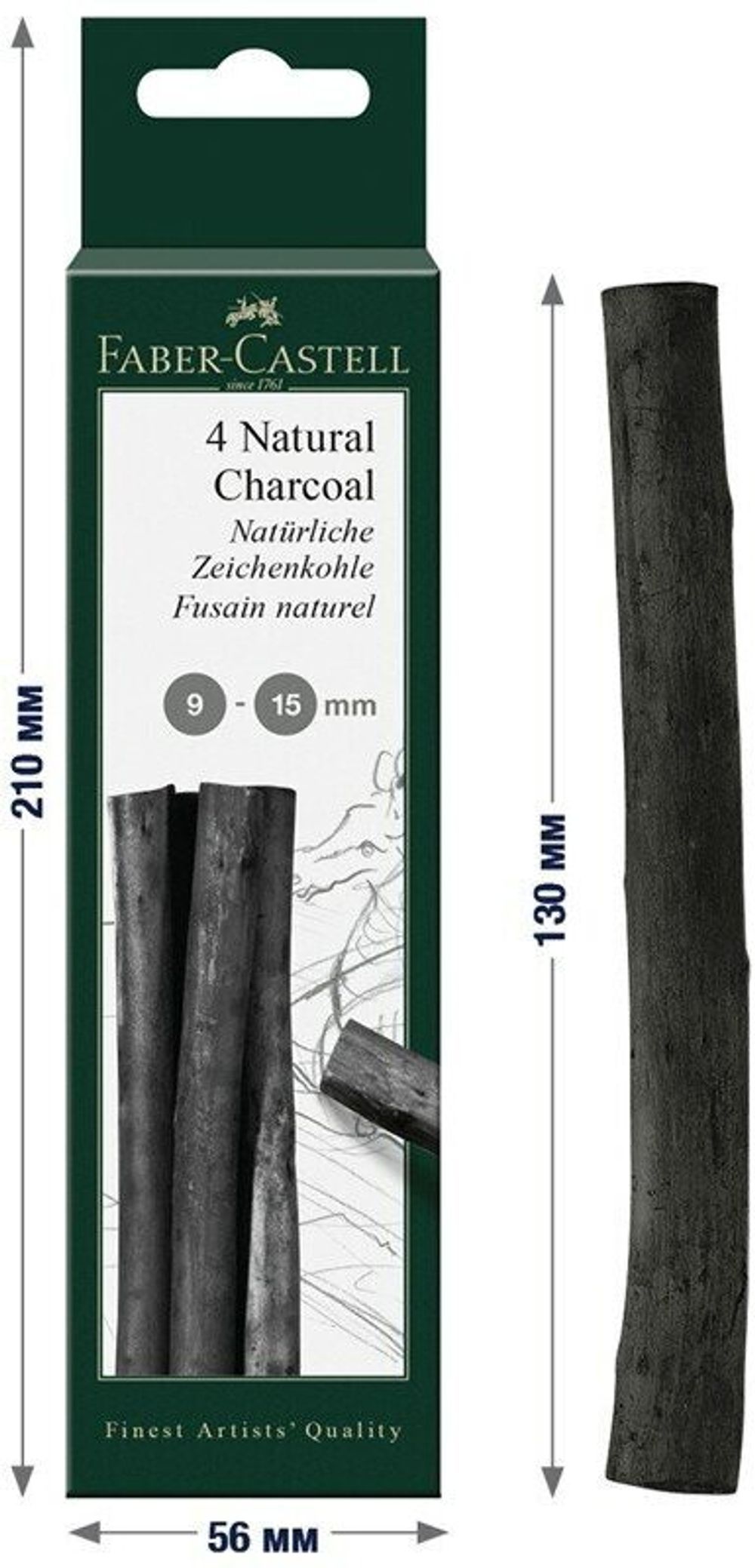 Уголь натуральный для рисования FABER-CASTELL, НАБОР 4 шт., "Pitt", толщина 9-15 мм, 129498