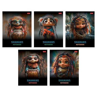Тетрадь 48л  А5ф клетка 65г/кв.м на скобе глянц. ламин. 5 диз. в блоке скругл. углы серия -Шаманы-