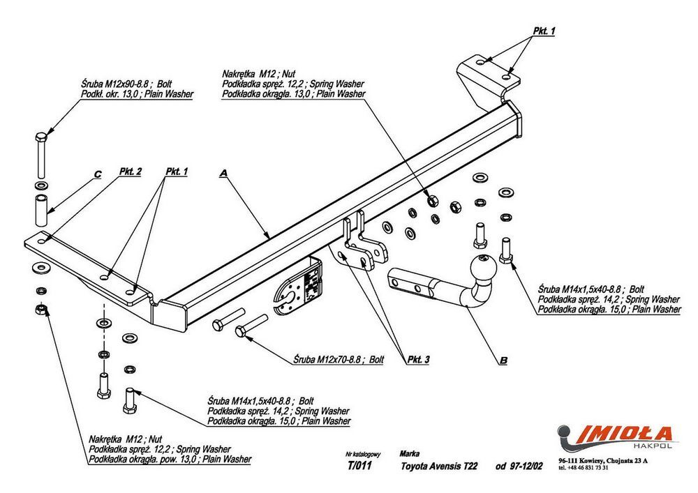Фаркоп IMIOLA T.011 для Toyota Avensis универсал T22 1997-2002(паспорт и сертификат в комплекте)(без электрики)