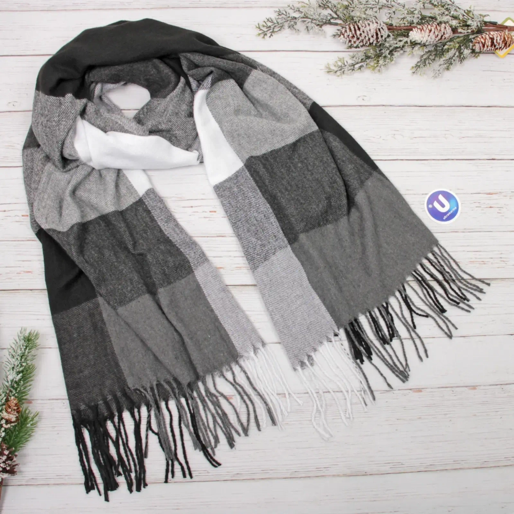 Палантин - шарф «ZIMA», принт в клетку, цвет черный/серый, 180*70см (230гр)