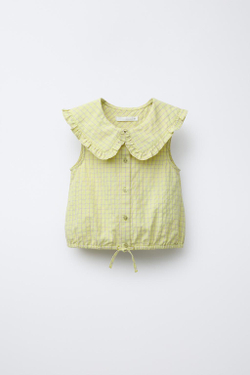 ZARA РУБАШКА В КЛЕТКУ С КРУГЛЫМ ВОРОТНИКОМ, ЛАЙМОВЫЙ