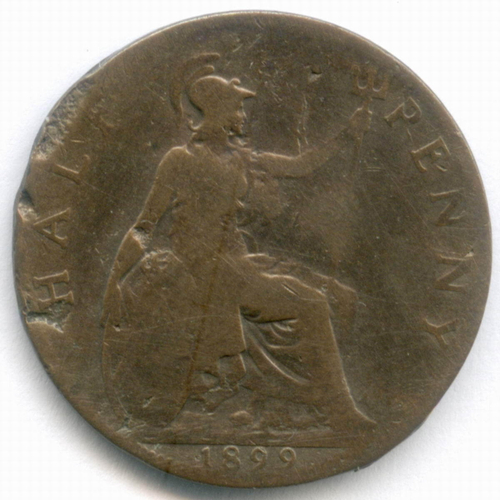 1/2 пенни 1899 год. Великобритания. Виктория. Бронза, диаметр 25,5 мм. G