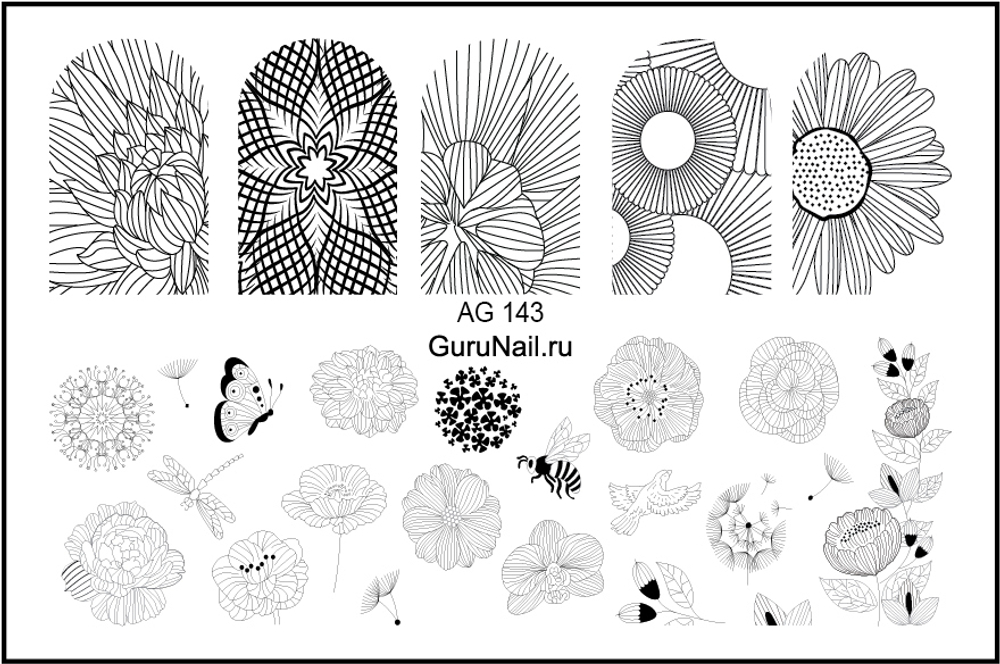 Gurunail Слайдер-дизайн №143 Цветы, черные