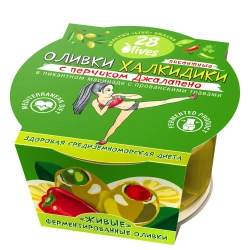 Оливки Халкидики с перчиком Джалапено в маринаде с прованскими травами 28Olives, 150 г, упаковка спереди
