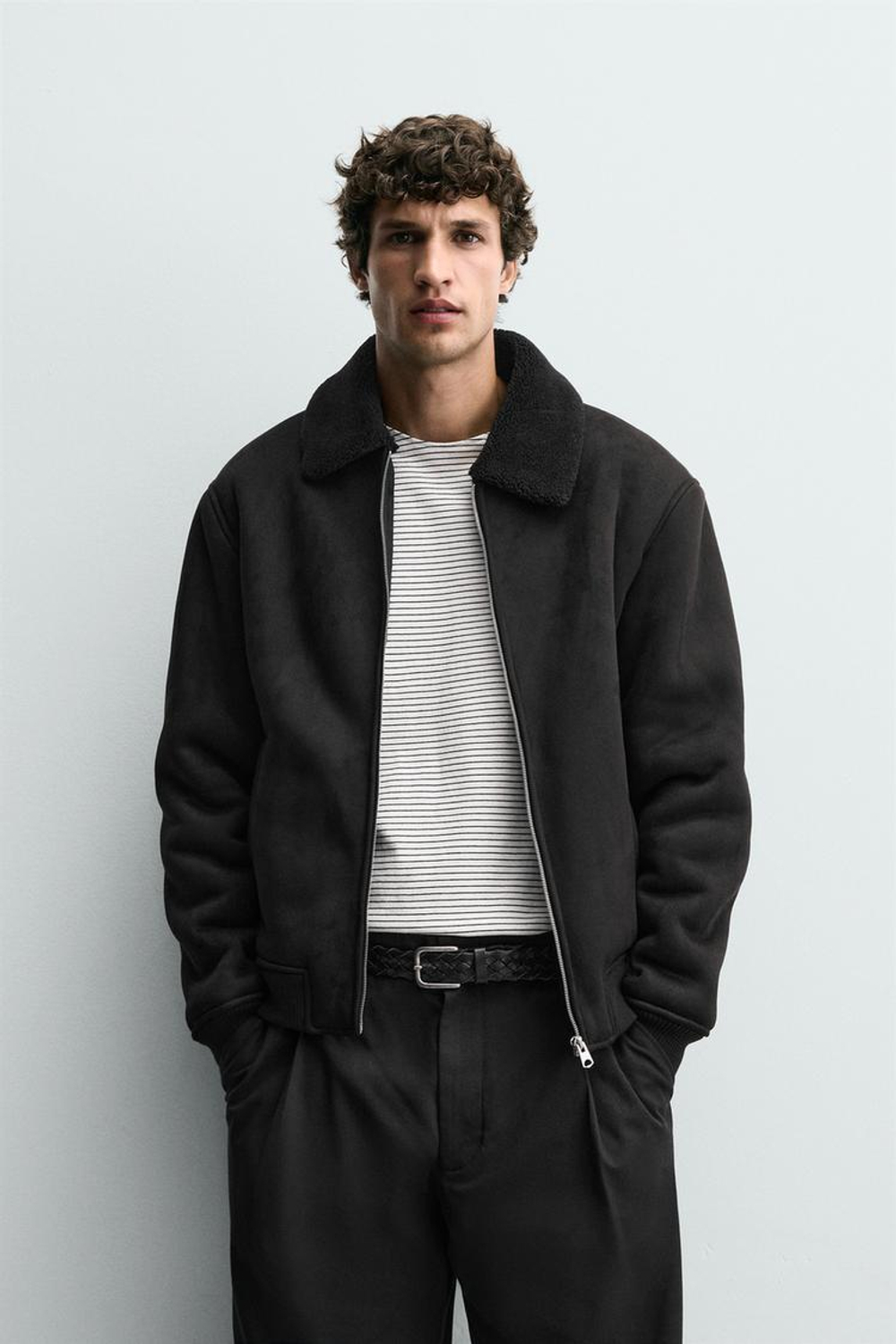 ZARA КОМБИНИРОВАННАЯ КУРТКА ИЗ ИСКУССТВЕННОЙ ЗАМШИ, ЧЕРНЫЙ