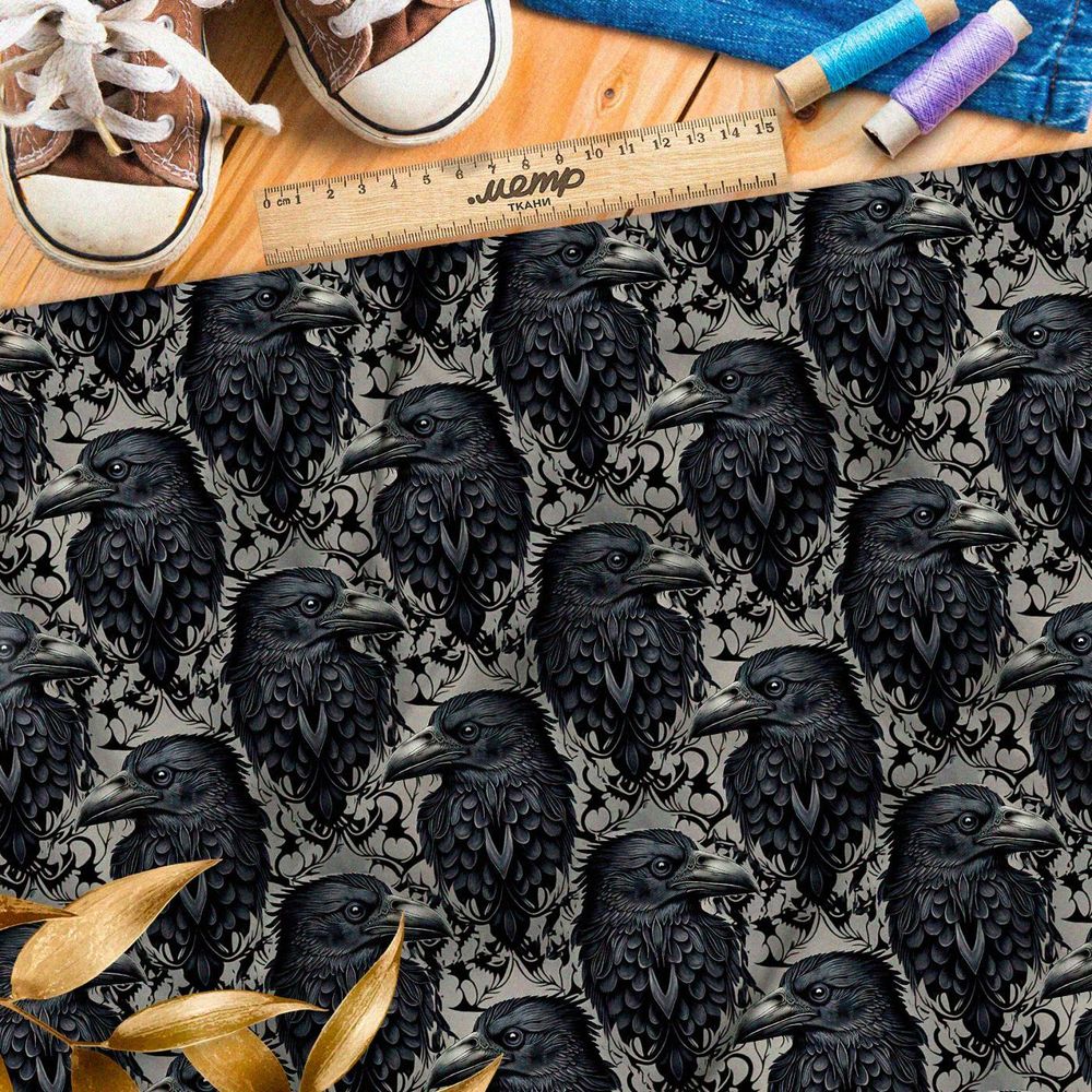 Ткань премиум шелк искусственный Армани мрачные вороны