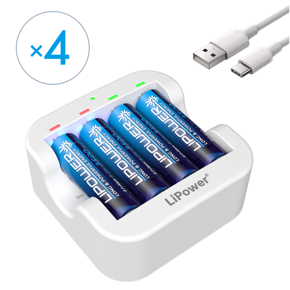 Аккумулятор LIPOWER AA, Li-Ion, 1.5V, 3500 mWh, 4 шт., перезаряжаемые (Зарядное устройство в комплекте)