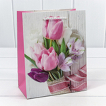 Пакет подарочный 18х23х10см Премиум "Тюльпаны" с блёстками (Микс)