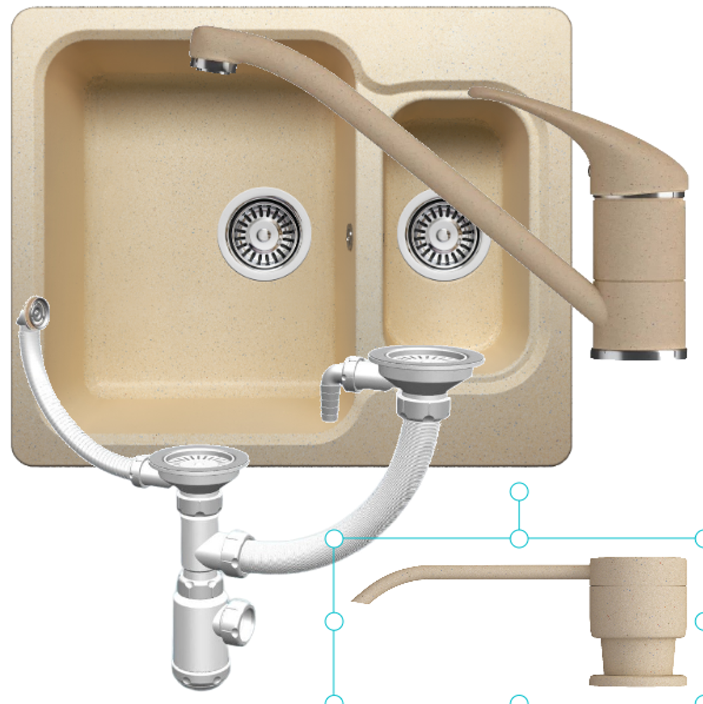 Мойка POLYGRAN F-09 бежевый №27, смеситель НИЗКИЙ КРАН СТАНДАРТ бежевый