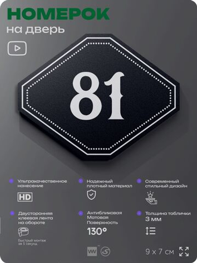 Номерок на дверь квартиры 81, для кабинета, офиса, шильдик 9 х 7 см, черный, Айдентика Технолоджи