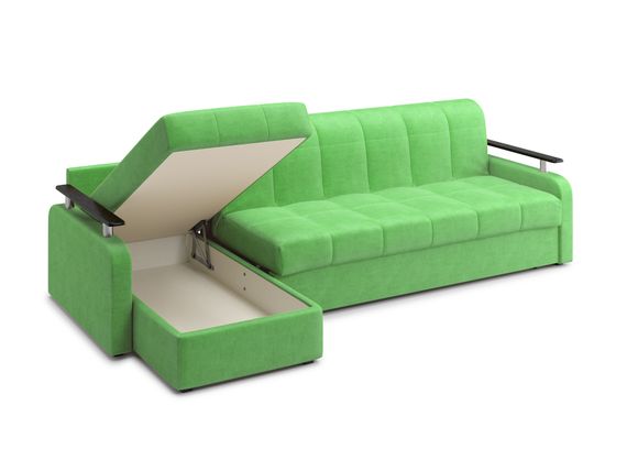 Диван угловой с оттоманкой Денвер 1,4 - Velutto 31 зеленый/  коричневая накладка