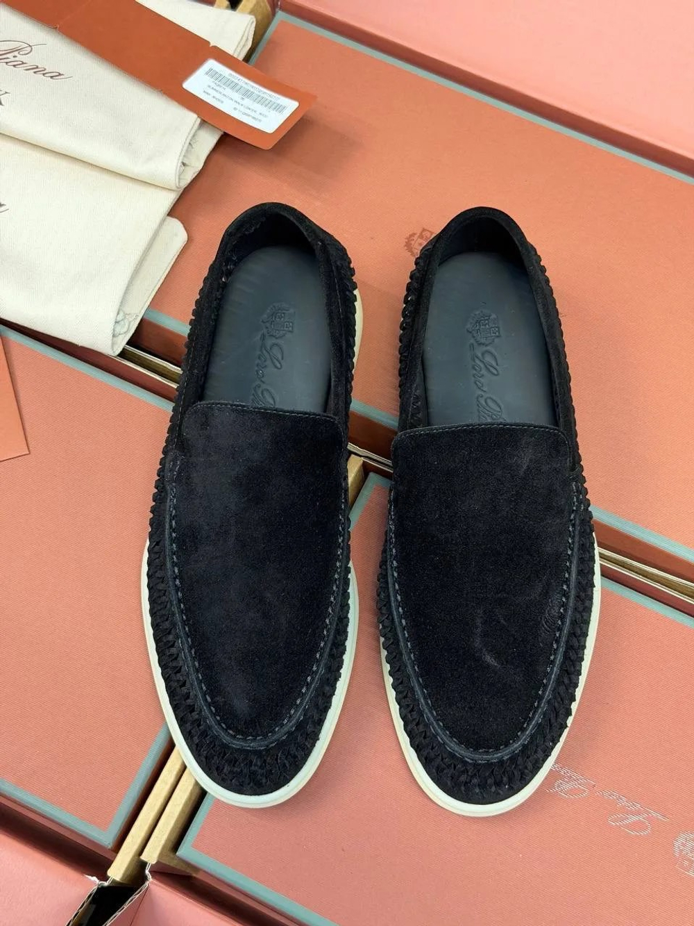 Летние мужские черные лоферы Loro Piana Summer Walk с плетением