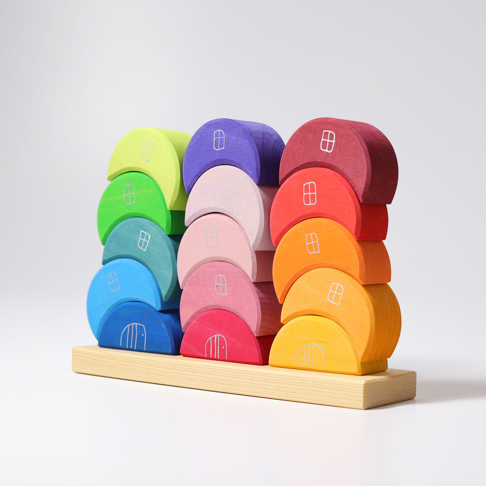 Деревянная пирамидка балансир "Лунные домики", 16 деталей