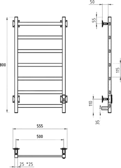 Полотенцесушитель электрический EWRIKA Пенелопа КВ7 80x55 см, подключение справа, слева, скрытое подключение справа, матовый черный, лесенка, из стали