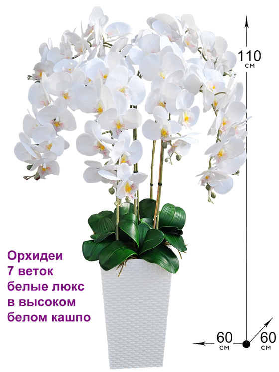 Орхидеи белые люкс 7 веток 120см в белом кашпо ротанг 41см