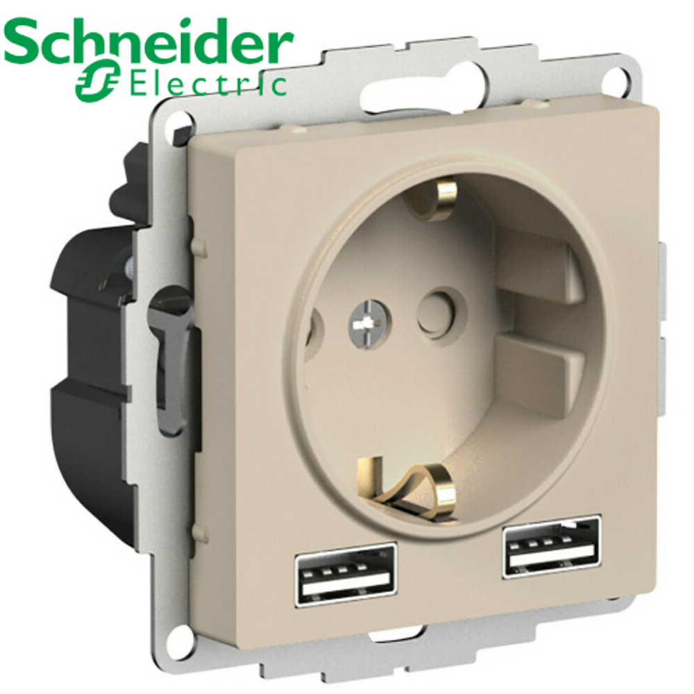 Розетка с/з + 2 USB (песочный) AtlasDesign Schneider ATN001230