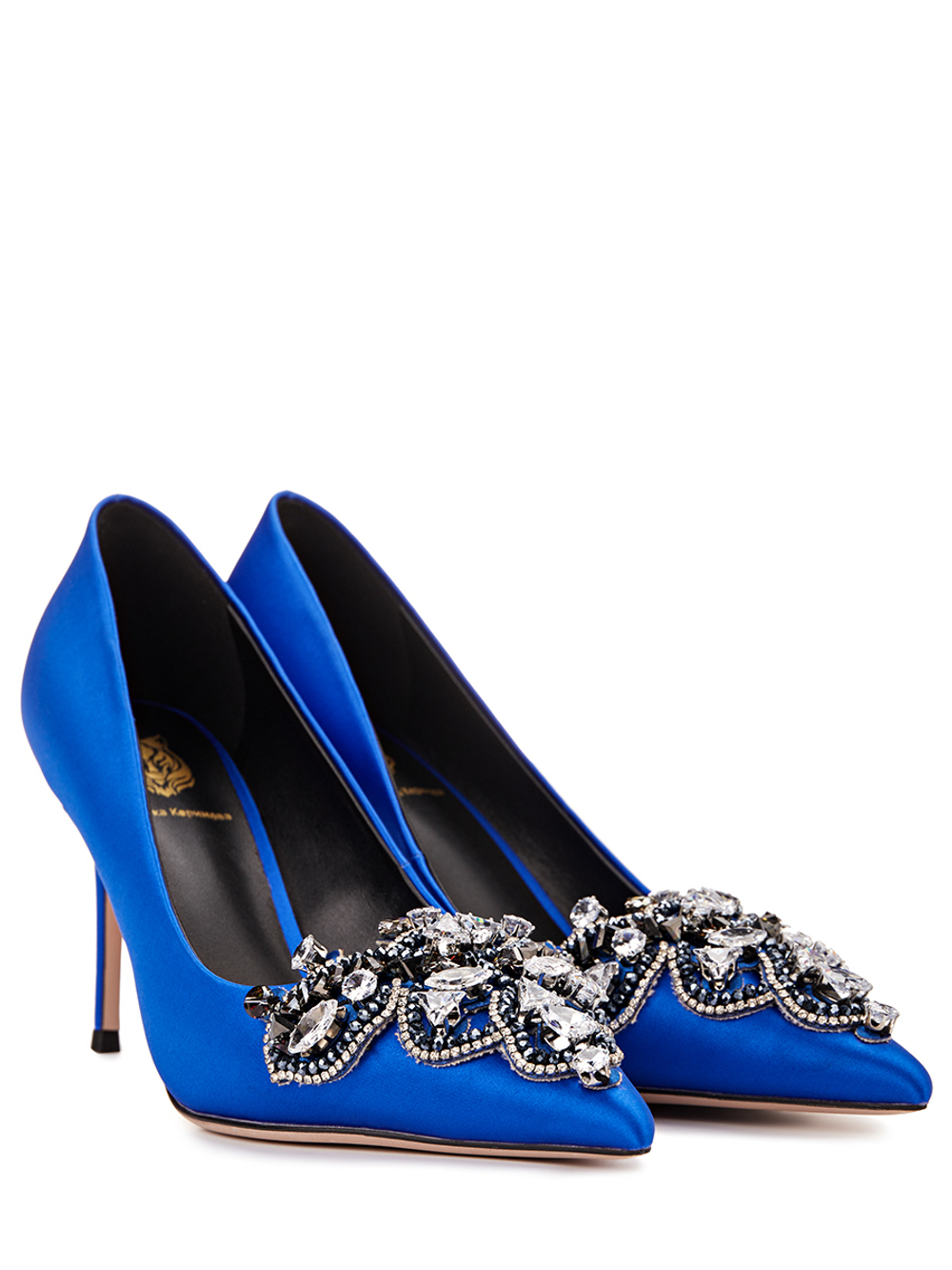 Женские туфли кожаные синие с камнями у носка