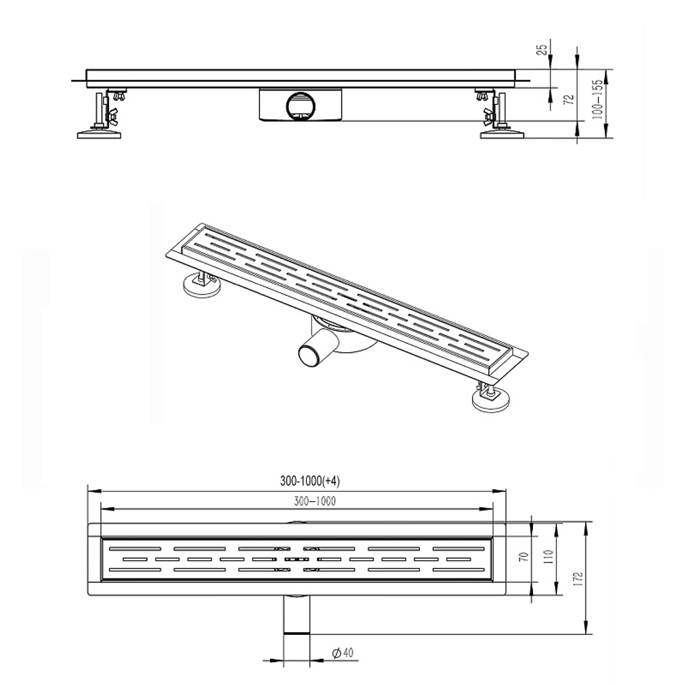 Душевой лоток AZARIO 700 мм, D40(50), 360°, металлическая перфорированная решетка, металлический желоб, комбинированный затвор, черный матовый (AZT3BLACK700)