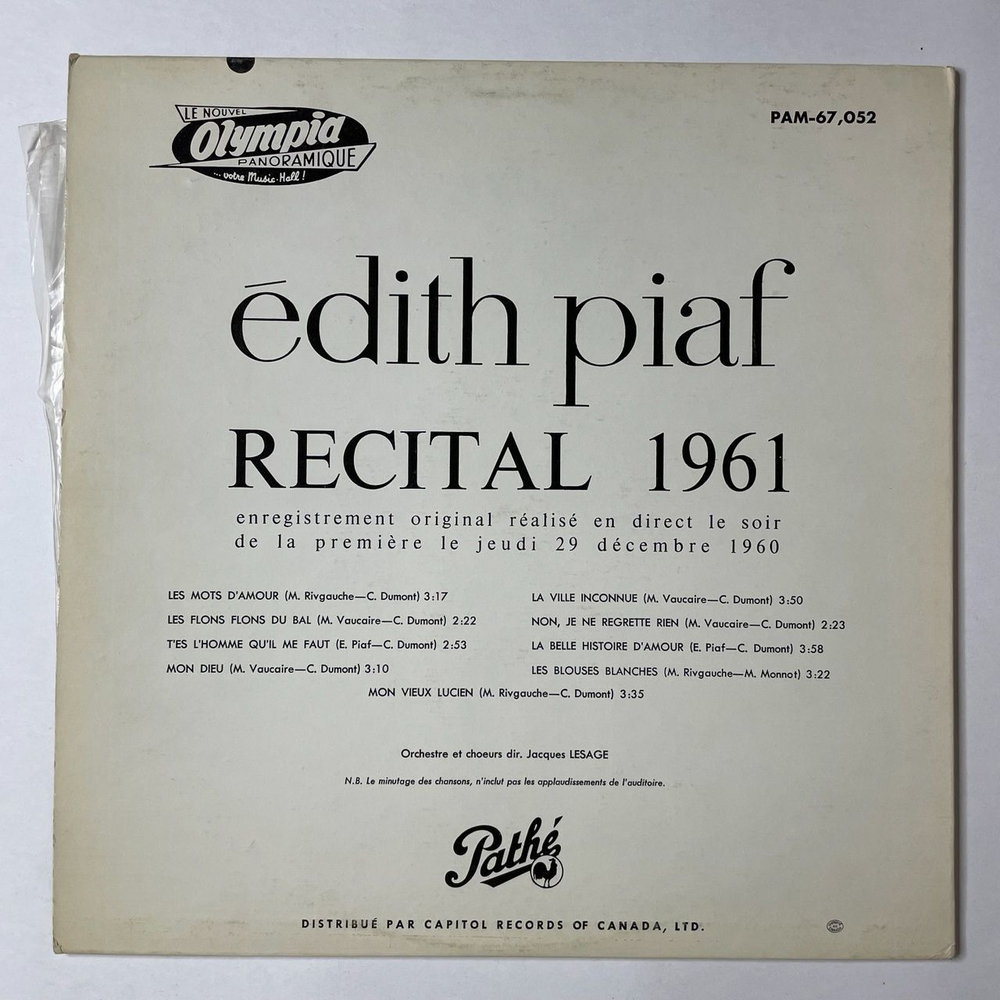 Винтажная виниловая пластинка LP Edith Piaf Recital 1961 (Canada 1961)