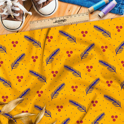 Ткань дюспо редкие рябина и хвойные ветки на жёлтом фоне