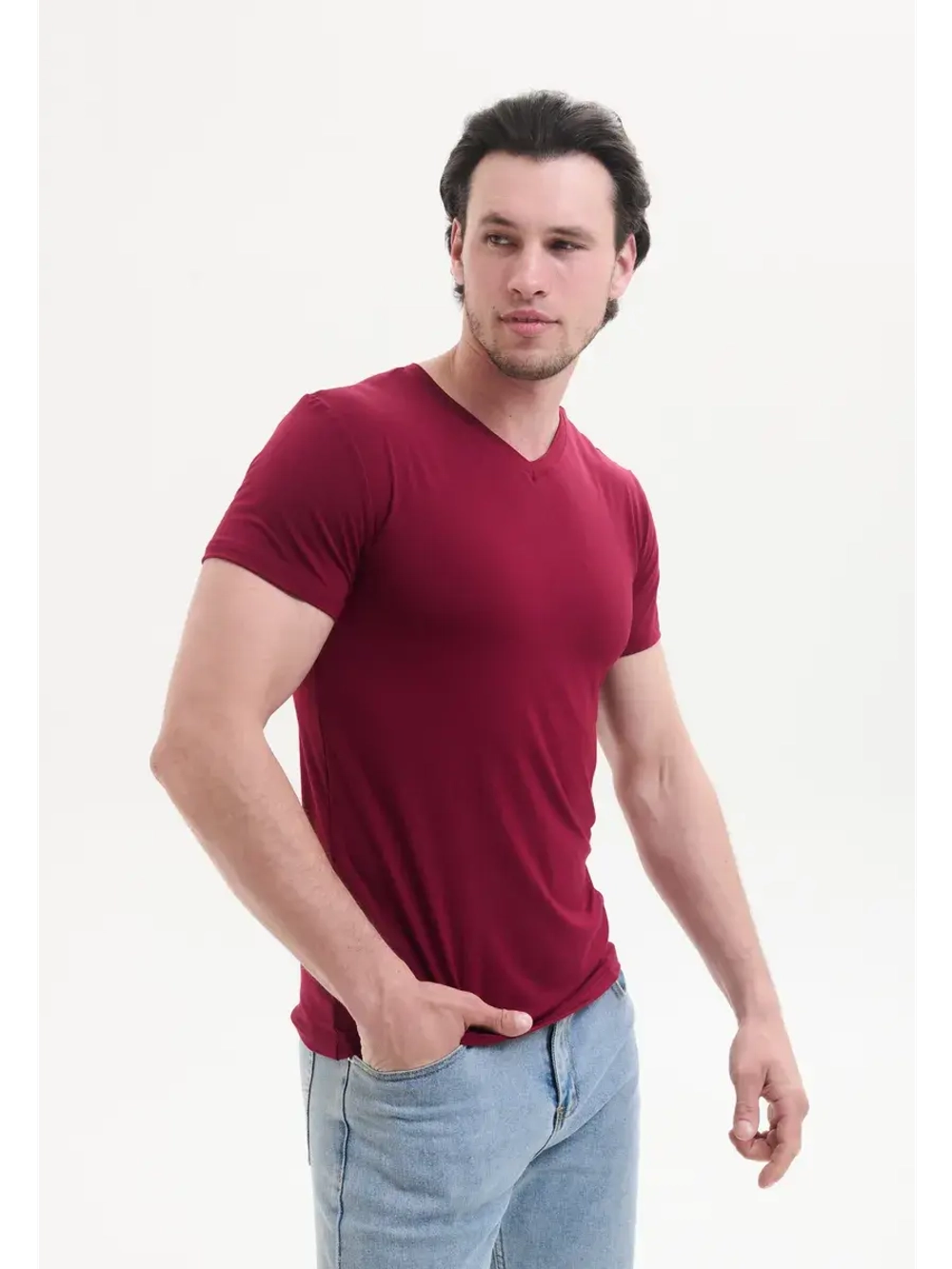 Футболка V-вырез однотонная облегающая