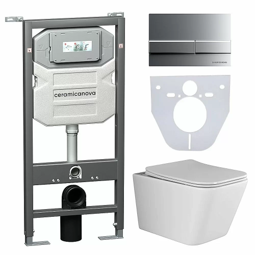 Унитаз подвесной Ceramica Nova Metric CN3007_1002M_1000 безободковый, с крышкой микролифт, с инсталляцией и кнопкой матовый хром