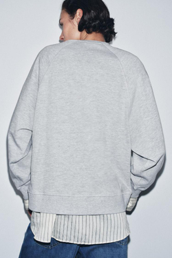 ZARA ФУТБОЛКА ОВЕРСАЙЗ С ДЛИННЫМИ РУКАВАМИ, СЕРЫЙ МЕЛАНЖ