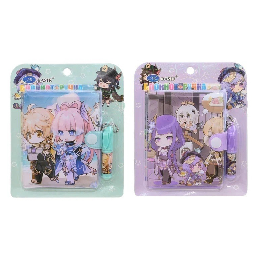 Блокнот детский Basir на кнопке, с ручкой, формат А7, серия "Аниме", переплет ПВХ, 10.3*8 см, 48 листов, ассорти