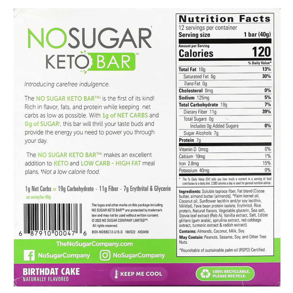 No Sugar Company, Keto Bar™, праздничный торт, 12 батончиков, по 40 г (1,41 унции)