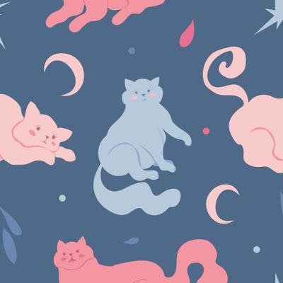 Милые зефирные котики в пастельных цветах на фоне ночного неба. Cute marshmallow cats in pastel colors in the night sky