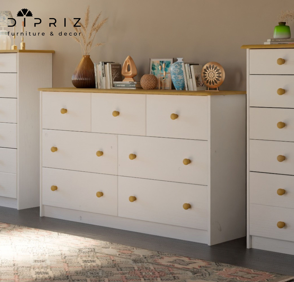 Комод деревянный Хаба 7 ящиков, белый воск, массив сосны