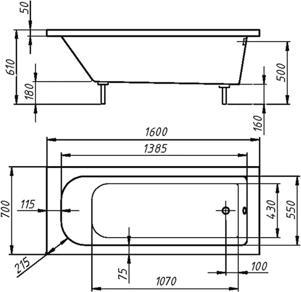 Ванна из искусственного камня 160x70 см, пристенная