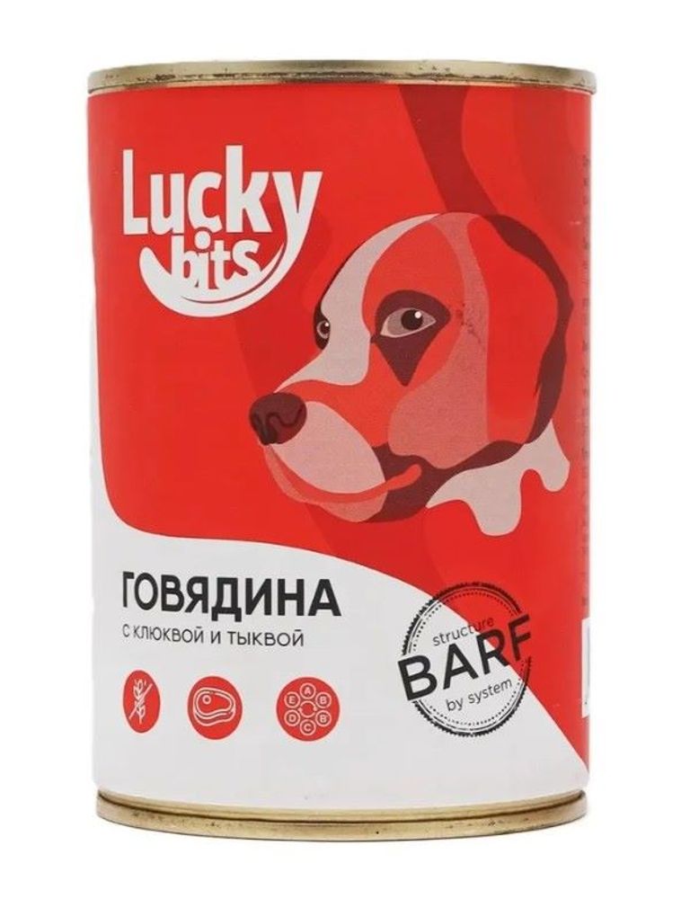 Влажный корм для собак Lucky bits говядина с клюквой и тыквой, Банка 970 г