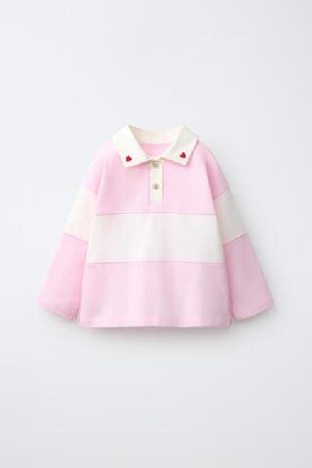 ZARA ПОЛО С ВЫШИТЫМИ СЕРДЦАМИ, БЕЛЫЙ/РОЗОВЫЙ