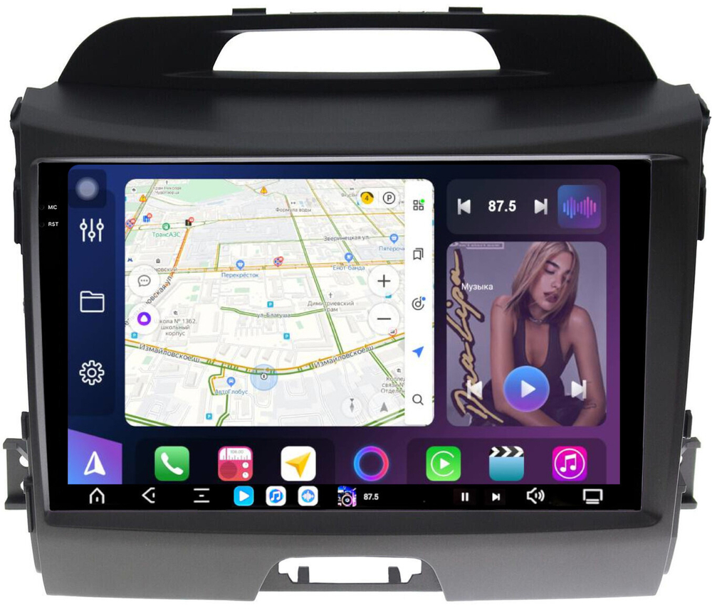 Магнитола для KIA Sportage 3 2010-2016 (без штатного усилителя) - FarCar XXL9-7071L монитор 9.5" 2K QLED на Android 14, TS20, 8+256Гб, CarPlay, 4G SIM-слот