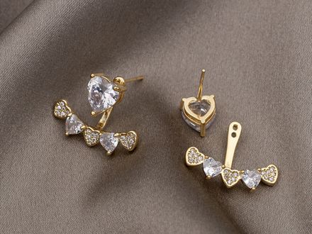 Серьги-джекеты "Сердечки" 15мм, со стразами